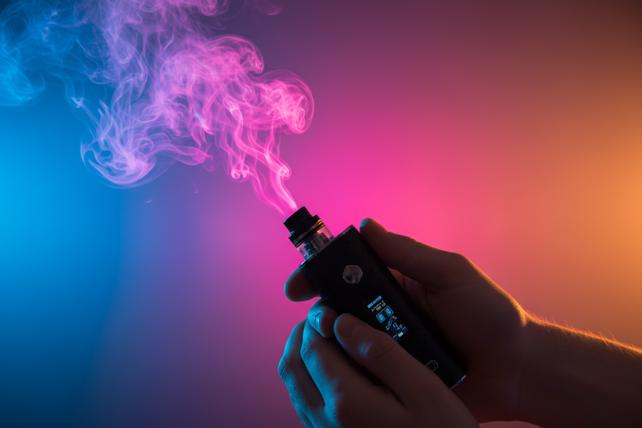 Manos con vape y humo colorido