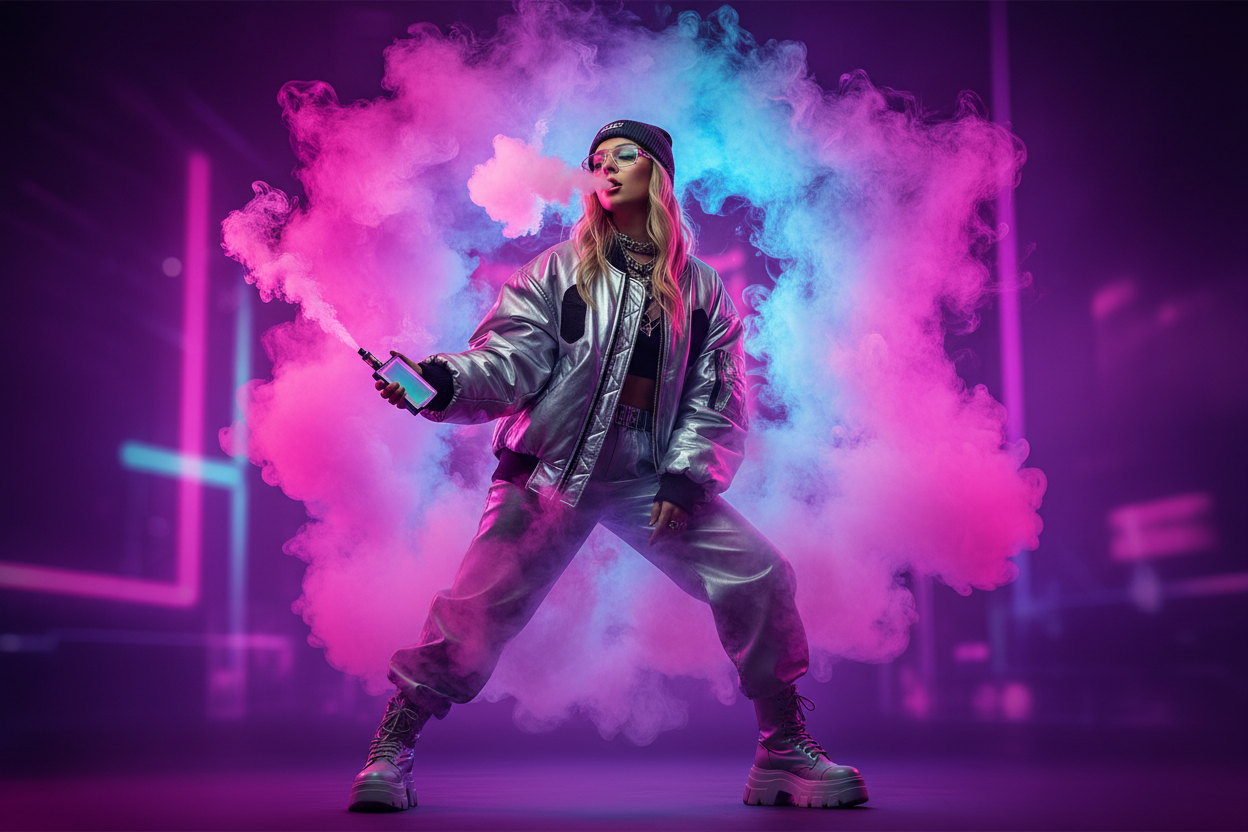 Mujer vapeando con vapor colorido