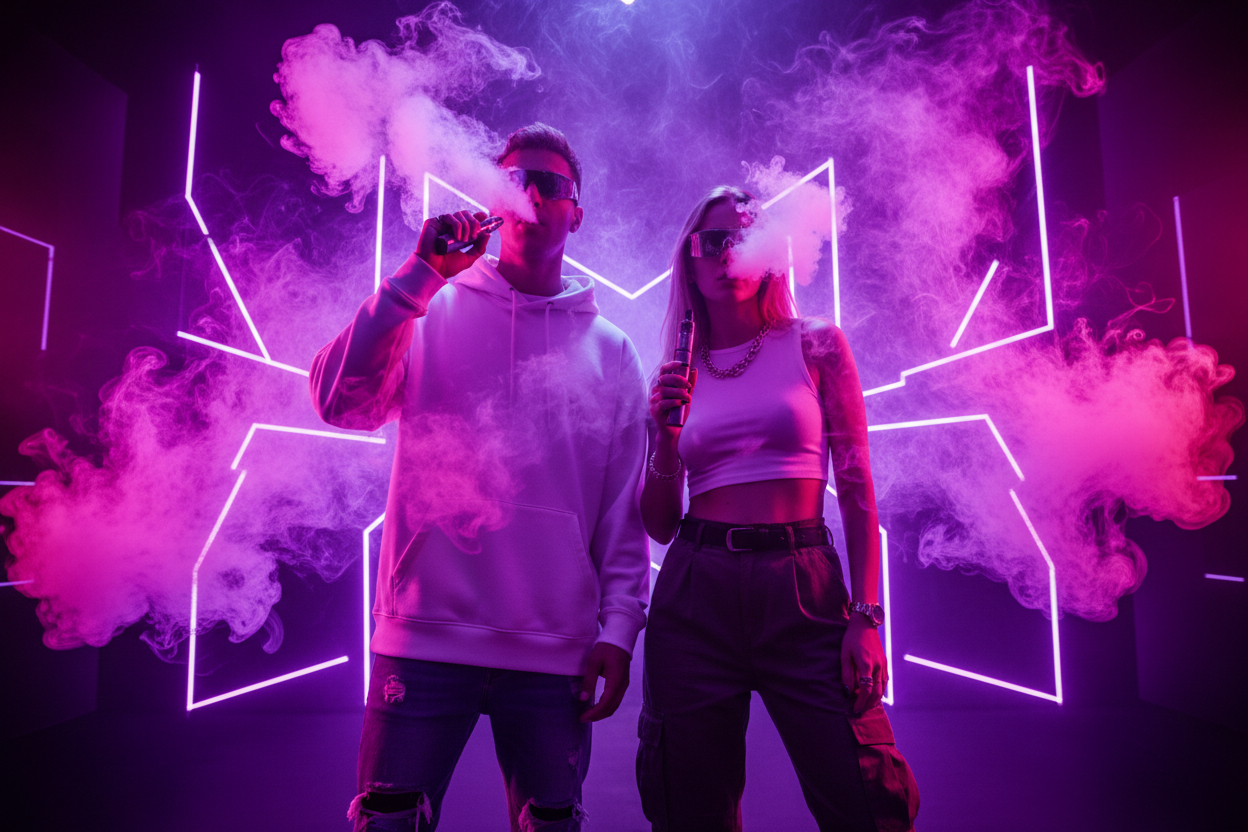 Pareja vapeando con humo colorido