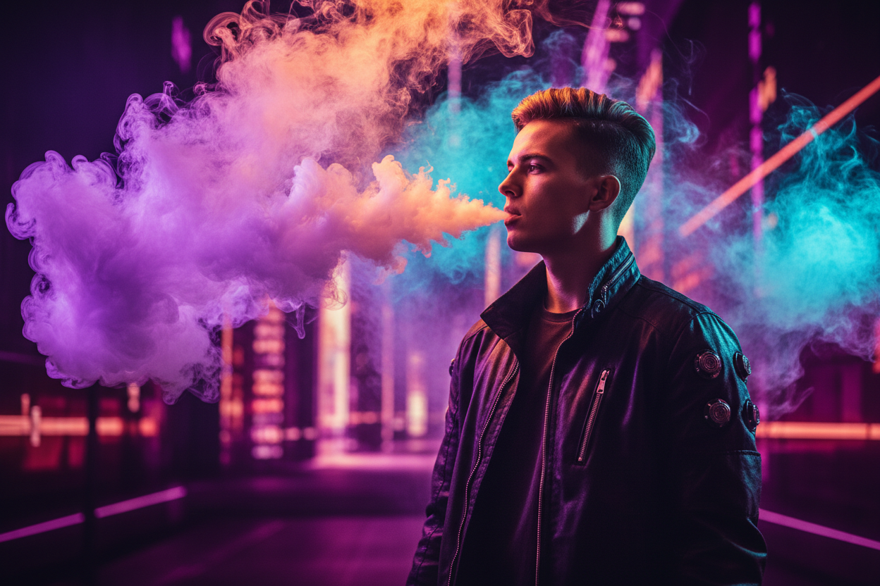 Persona exhalando humo de vape