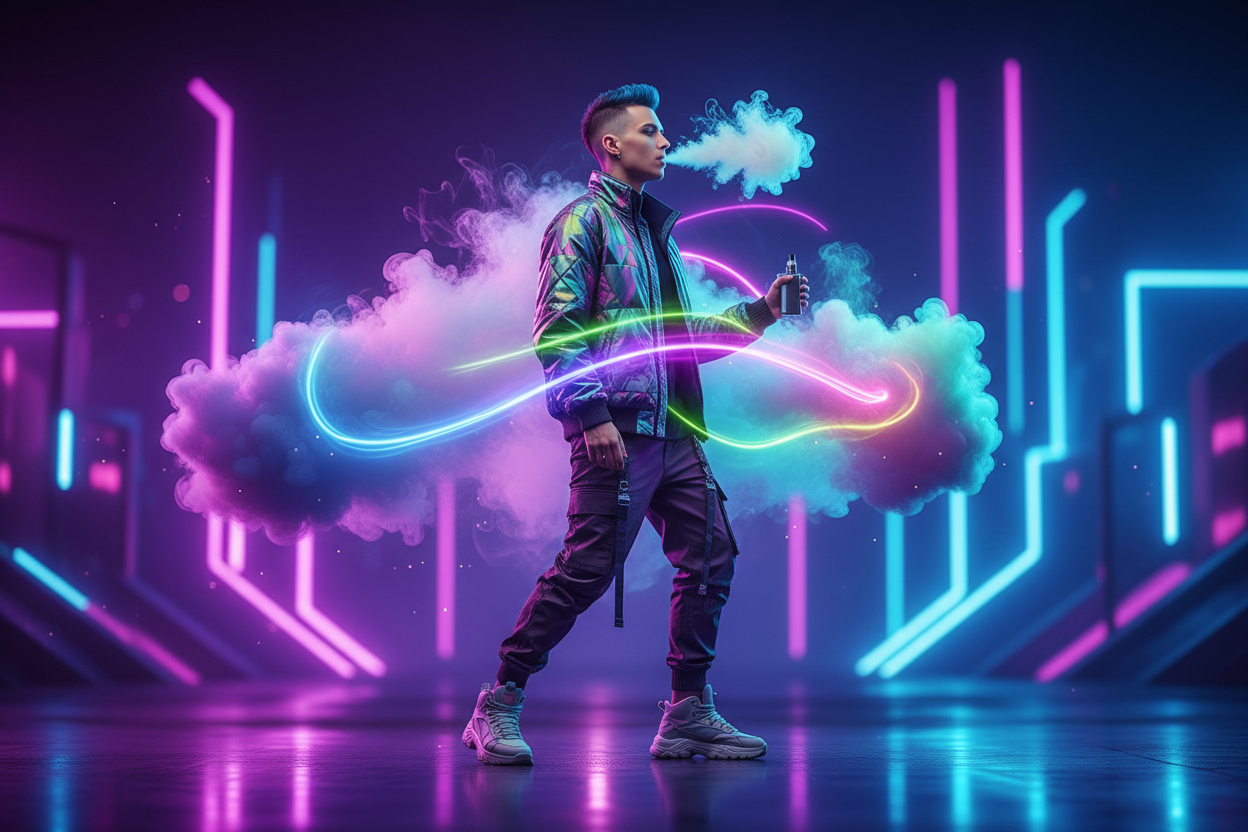 Persona vapeando con vapor colorido